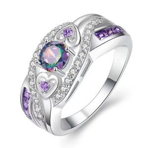 Beautiful Ring w Violet n Clear Side Stones and Mystic Topaz Zircon Center Stone